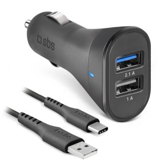 Sbs Kit Caricatore Auto 10 Watt - Ricarica Rapida con Due Porte Usb e Cavo Usb e Usb-c Incluso