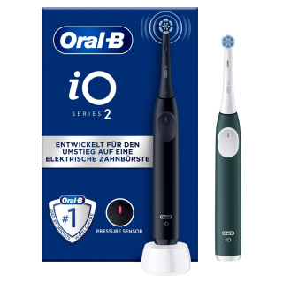 Oral-b Io 2 Spazzolino Elettrico Oral B, Nero e Verde, 1 Testina di Ricambio, 2 Spazzolini, Delicato Sulle Gengive, Efficace Sulla Placca, Sensore di Pressione