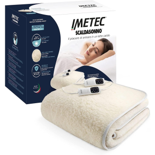 Imetec Scaldasonno Adapto Matrimoniale 150 X 160 Cm, Basso Consumo, Riscaldamento Rapido, Temperatura Personalizzata, 100% Lana e Merino, Made in Italy, 2 Comandi Separati, 6 Temperature
