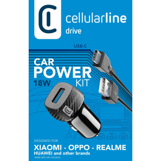 Cellularline Usb Car Charger Kit 18w - Usb-c - Huawei, Xiaomi, Wiko, Asus And Other Smartphone Caricabatterie da Auto Adattivo 18w con Cavo Usb-c