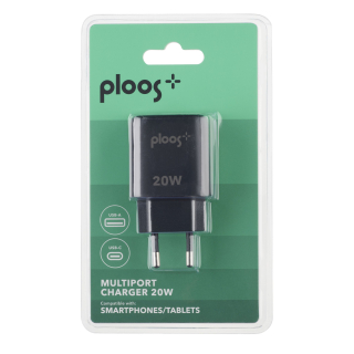 Ploos - Usb+usb-c Adapter - Universal Caricabatterie da Rete con 2 Porte Usb e Usb-c