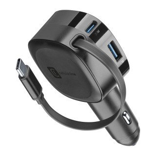 Cellularline Retractable Car Charger Caricabatterie da Auto 60w con Cavo Retrattile