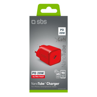 Sbs Tetrgan1c20r Caricabatterie per Dispositivi Mobili Cuffie, Altoparlante Portatile, Smartphone, Orologio Intelligente, Tablet Rosso Ac Ricarica Rapida Interno